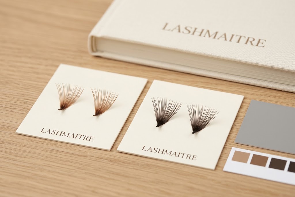 light brown vs dark brown premade fans LASHMAITRE shade reference cards