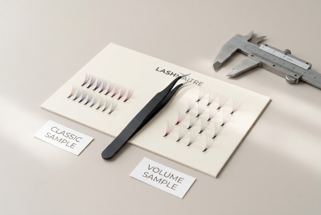 LASHMAITRE colored classic and volume lash sample comparison