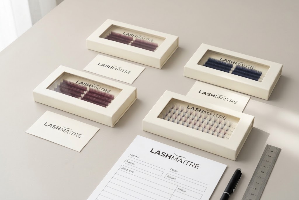 LASHMAITRE colored lash trays with separate SKU and packaging records