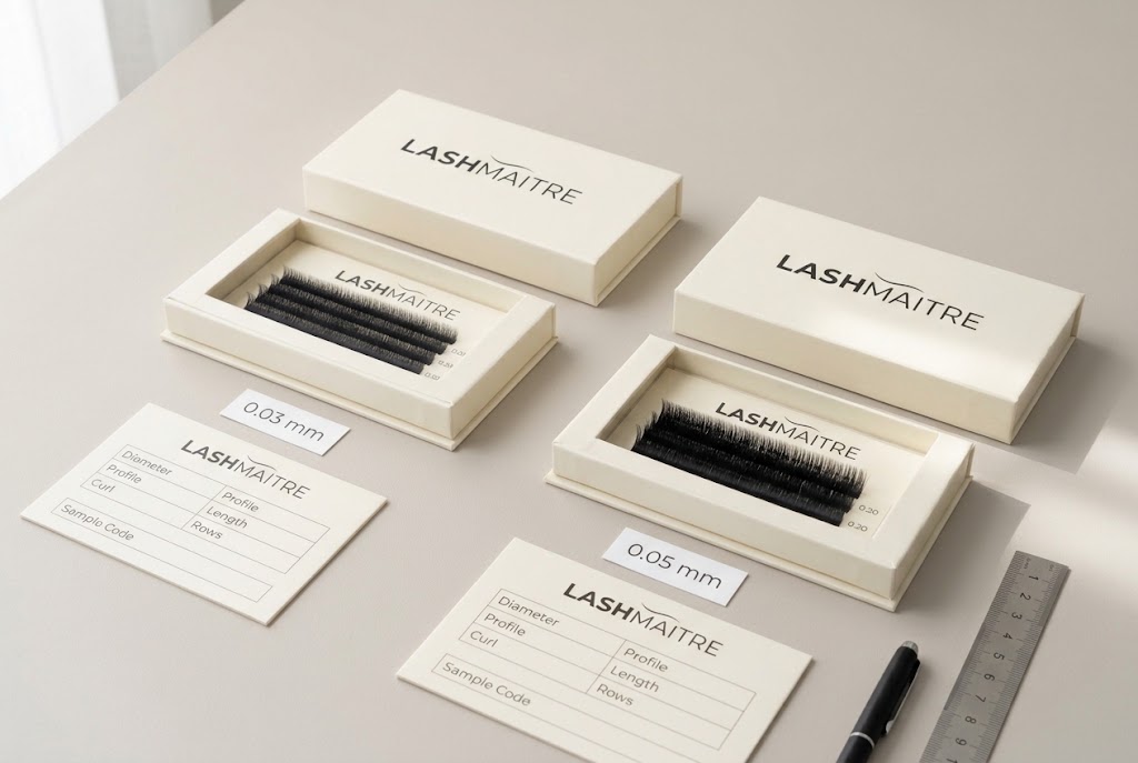 LASHMAITRE 0.03 and 0.05 volume lash trays with SKU sample records