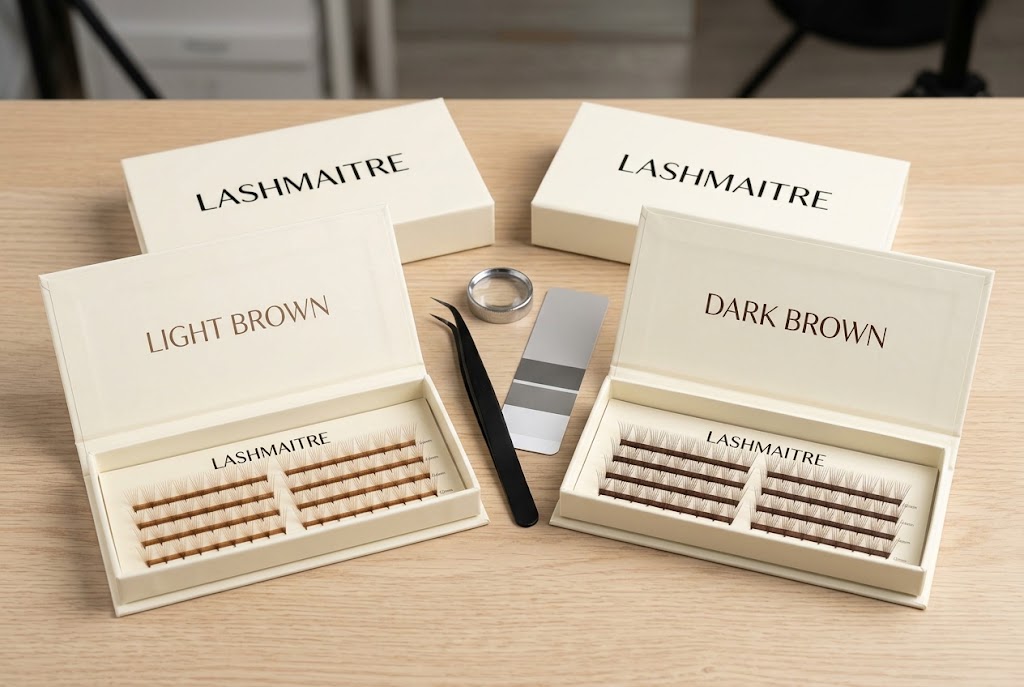 LASHMAITRE light brown and dark brown premade fan trays compared side by side