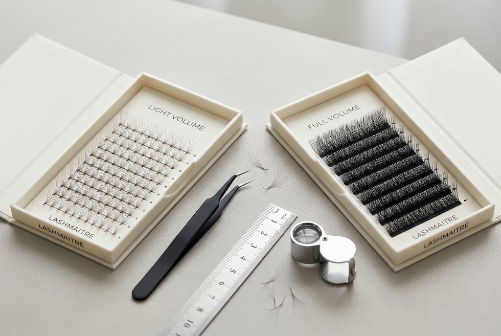 LASHMAITRE light volume and full volume lash extension trays compared side by side