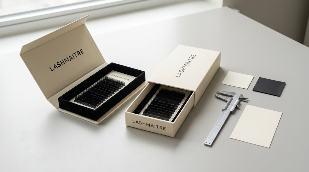 Paperboard vs plastic lash inserts reviewed with box, caliper and material cards during pack-out inspection