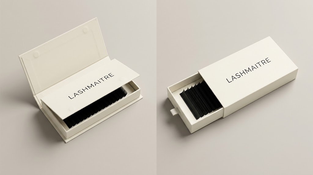 Two lash box structures opened to compare tray and insert fit