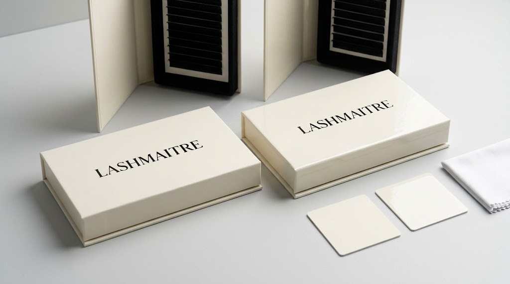Matte and gloss lash boxes arranged with finish samples for packaging inspection