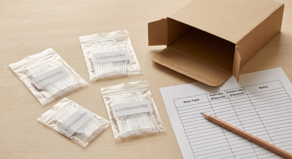 Inner sample packs and an outer carton arranged beside a quantity planning sheet.