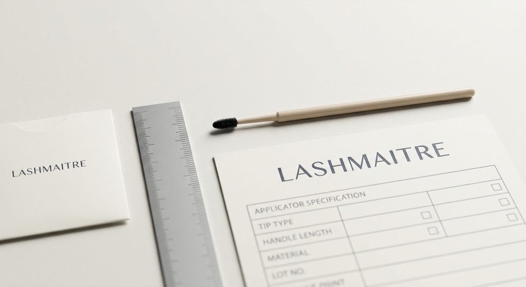 Applicator head and handle beside a ruler and blank specification card.