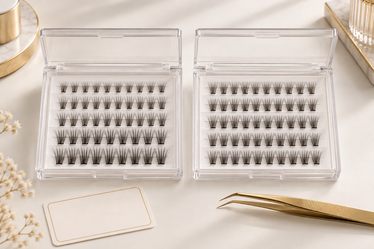 Mixed-length and single-length cluster lash trays side by side