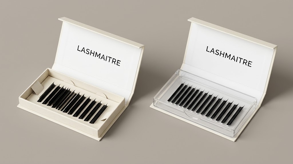 Paperboard and clear plastic lash tray inserts compared inside matching lash boxes