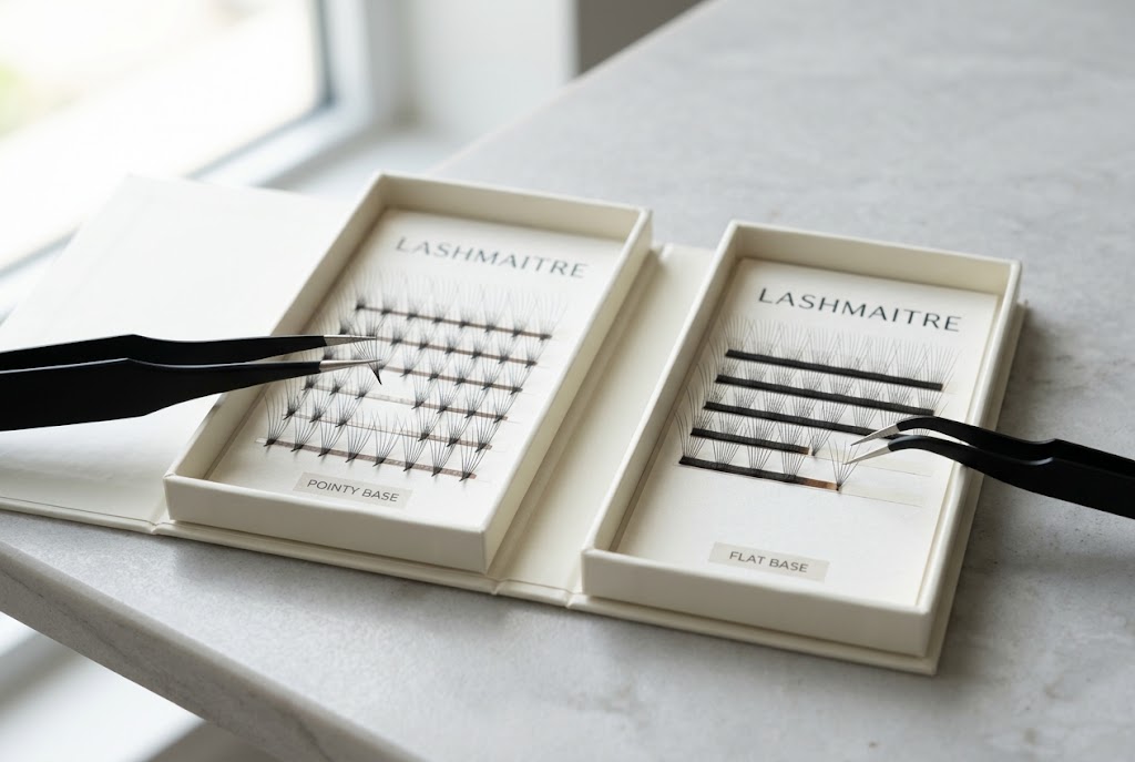 LASHMAITRE pointy-base and flat-base premade fan tray comparison