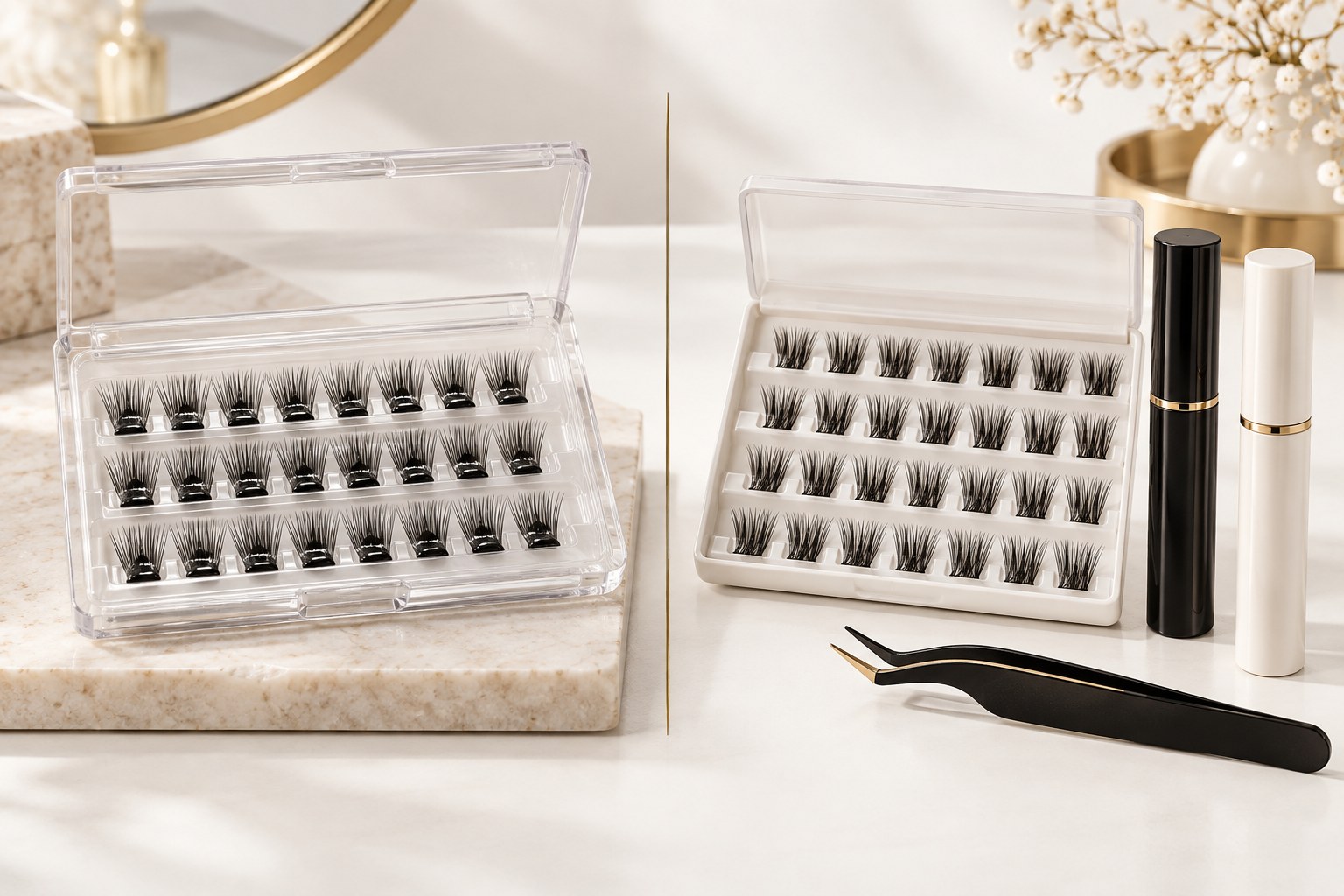 Pre-glued cluster lashes compared with a bond-and-seal lash kit