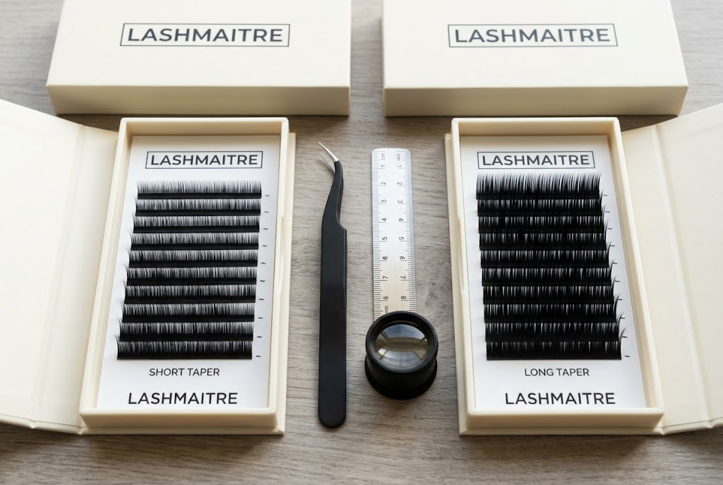 LASHMAITRE short taper and long taper lash extension trays compared side by side