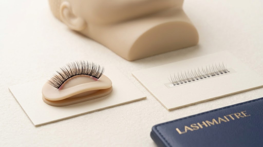 An eyelash extension mannequin training insert beside a separate practice lash strip.