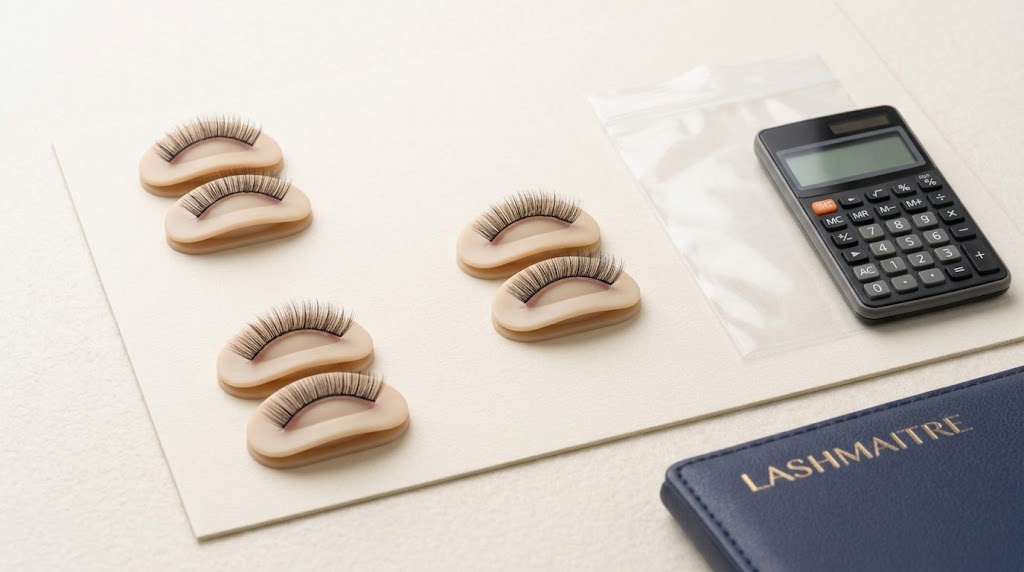 Six training eyelid inserts arranged in three groups of two beside a calculator.