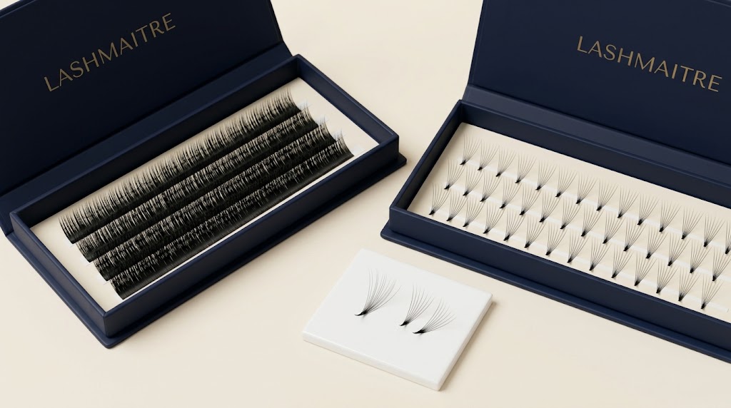 Individual lash fibers in rows beside separately arranged premade fans.