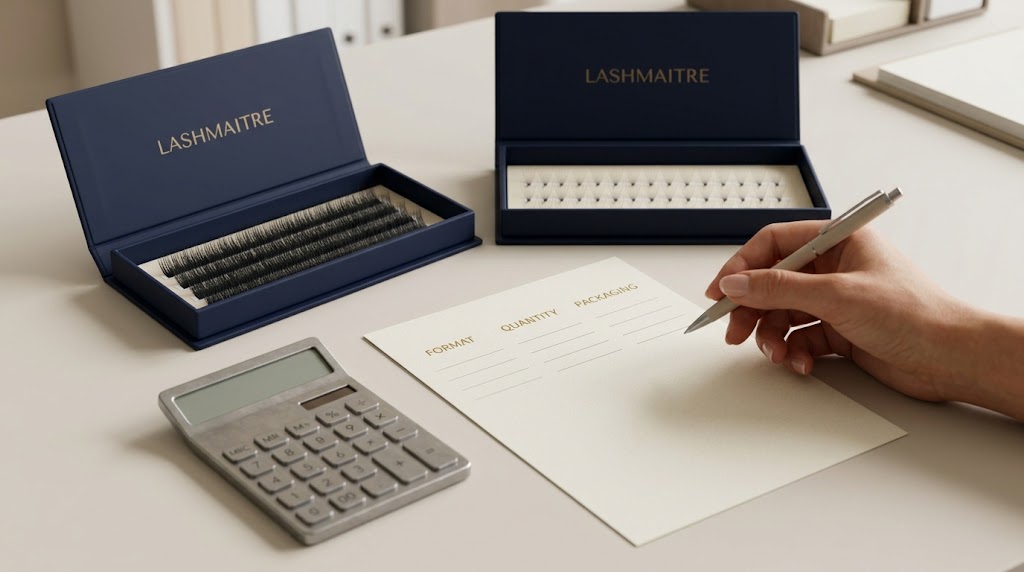 Lash sample trays beside a purchasing comparison sheet and calculator.
