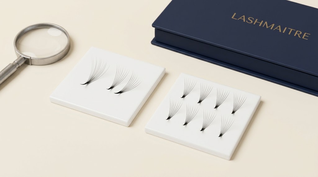 Lash fan samples for a volume vs mega volume comparison, arranged beside a magnifier.