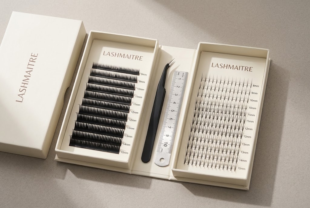 LASHMAITRE wet set vs classic lash extensions compared in wholesale sample trays