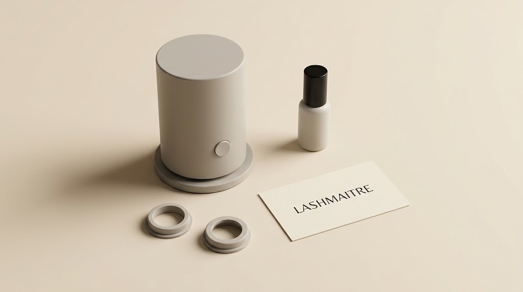 Glue shaker for eyelash extensions sample with two adapters and a closed adhesive bottle