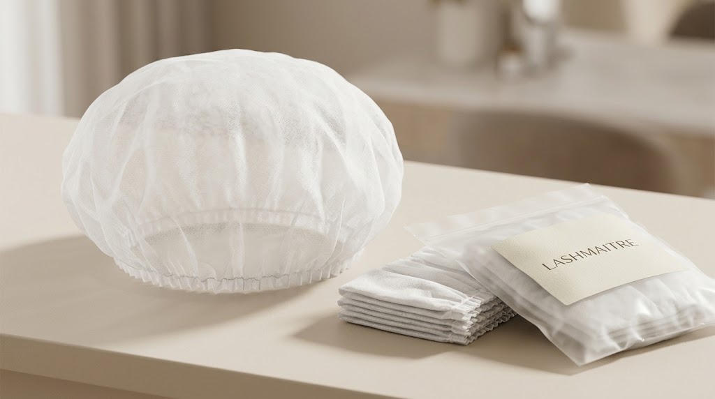 Disposable bouffant caps beside a sealed LASHMAITRE salon supply pack