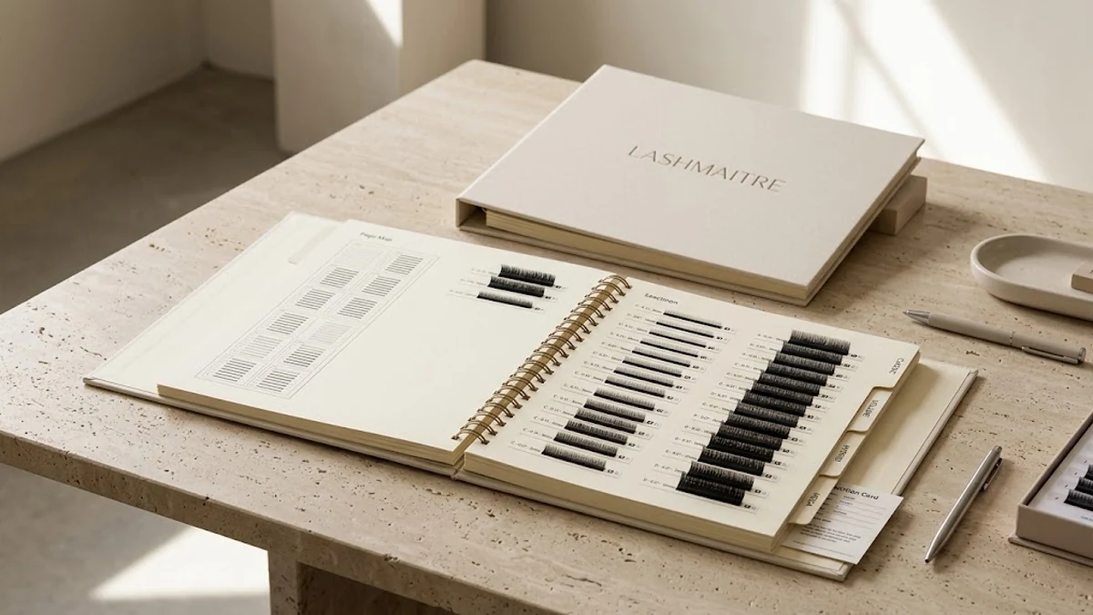 LASHMAITRE eyelash extension swatch book wholesale sample opened beside coded lash specimens page labels and a revision sheet
