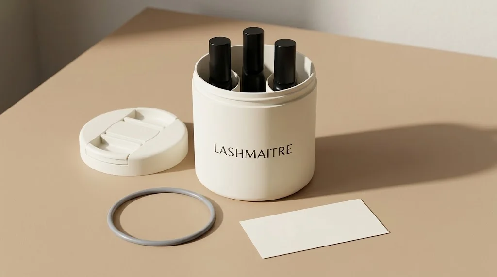 LASHMAITRE eyelash glue storage tank wholesale sample with bottle-fit inserts and inspection card