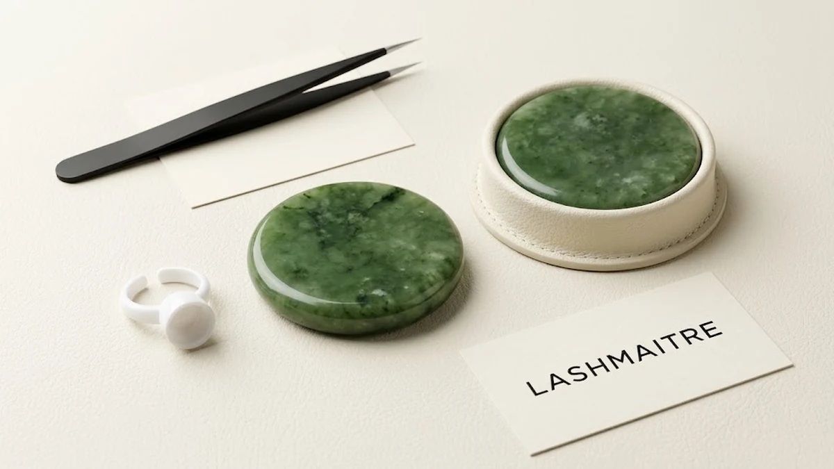 Jade stone for lash extensions samples and a white glue ring arranged for inspection