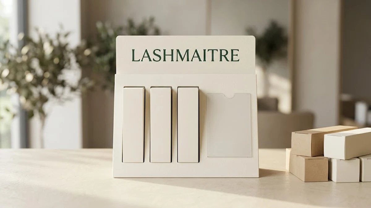 lash aftercare retail display kit from LASHMAITRE arranged for footprint facings refill and packaging review