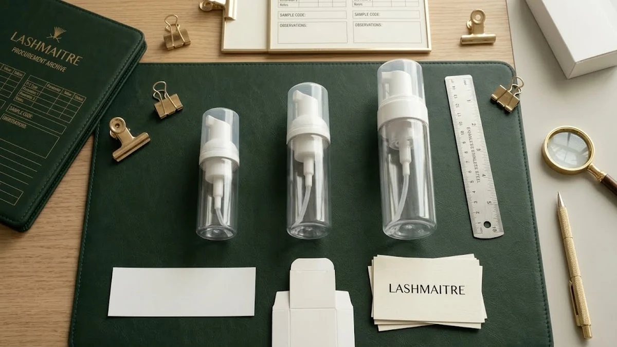 Lash cleanser foam pump bottles arranged for packaging and label inspection