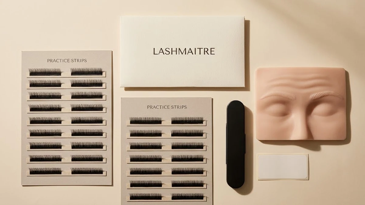 lash extension practice strips wholesale from LASHMAITRE arranged for academy layout backing fit and pack inspection