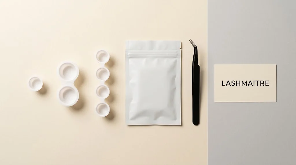 LASHMAITRE lash glue cups wholesale sample packs arranged for shape and count inspection