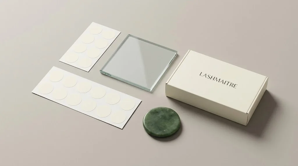 LASHMAITRE lash glue palette stickers wholesale sample sheets beside glass and stone palettes