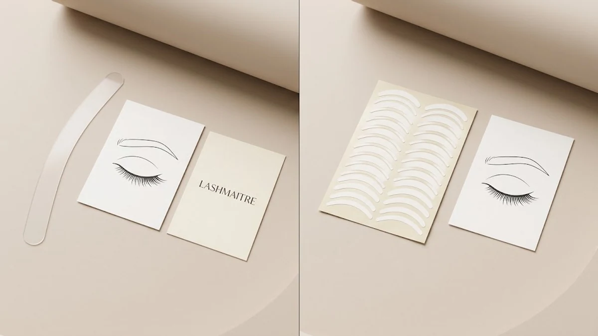 Lash mapping ruler vs stickers samples beside closed-eye planning diagrams