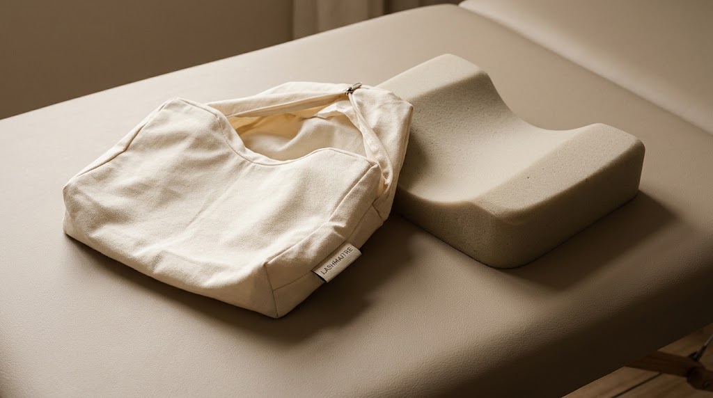 Removable cream lash pillow cover showing its zipper and sewn LASHMAITRE label