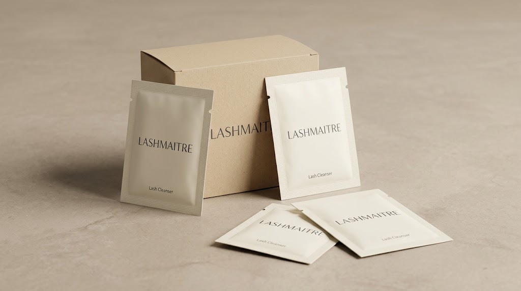 Illustrative lash shampoo sachets with LASHMAITRE branding beside a matching carton