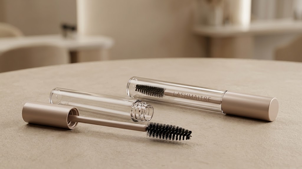 LASHMAITRE lash spoolie tube with a matching dry brush and an open protective case