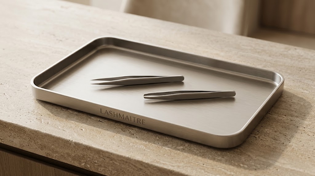 Shallow metal lash tool tray with tweezers and LASHMAITRE marking on the rim