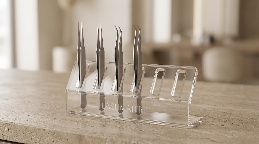 LASHMAITRE lash tweezer stand with separated tools and visible support openings