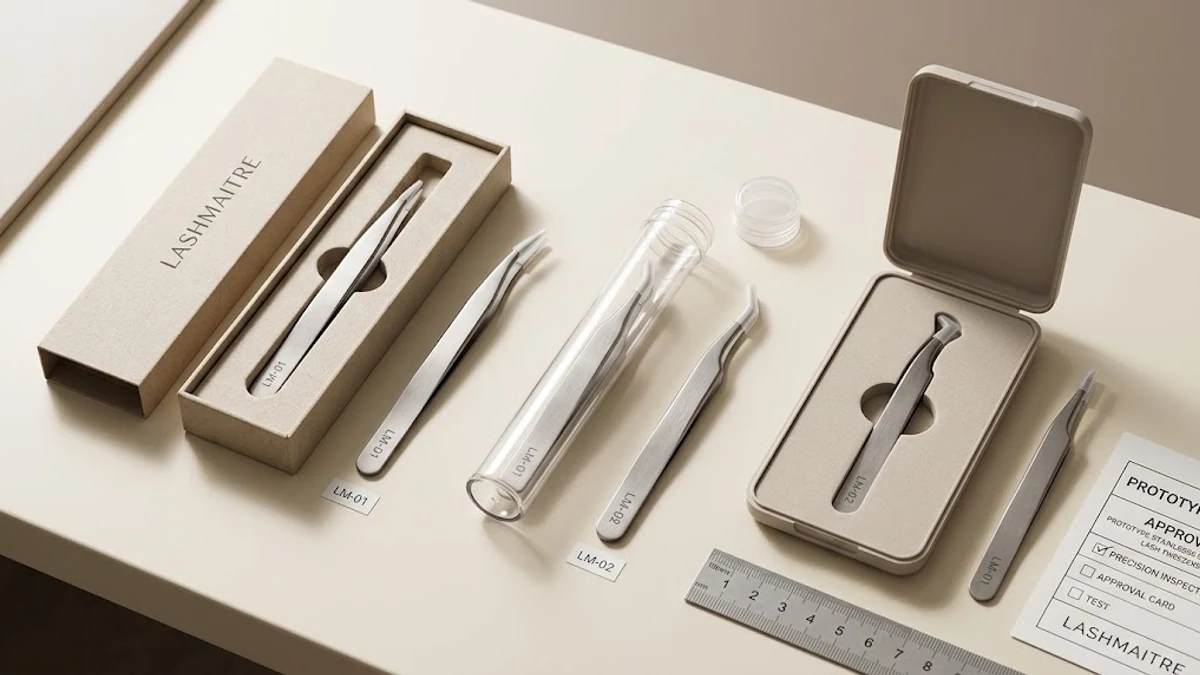 LASHMAITRE lash tweezers packaging wholesale samples opened to show coded tools tip guards fitted inserts labels and retail boxes
