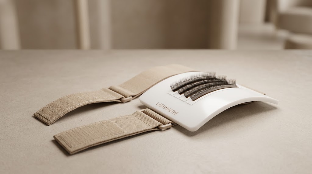 LASHMAITRE lash wrist palette with an open adjustable strap and arranged lash strips
