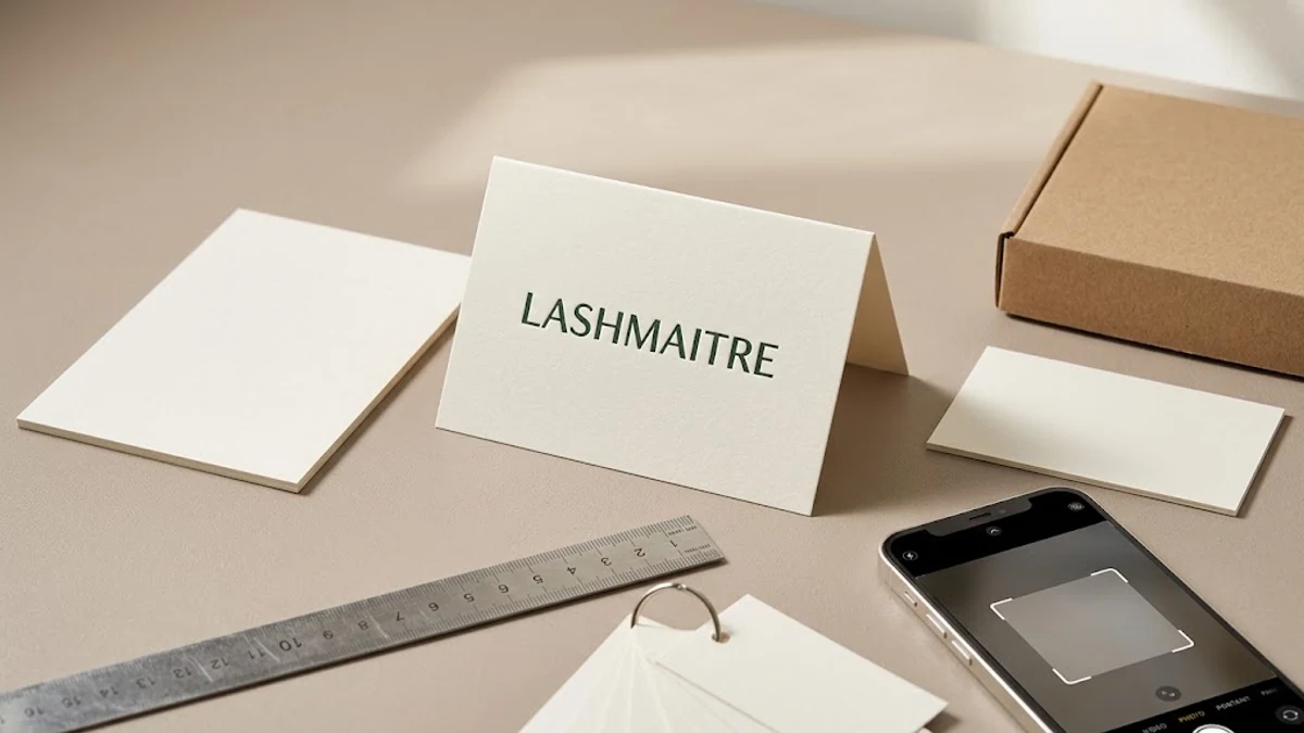LASHMAITRE private label lash aftercare card samples arranged for size stock finish and print proof review