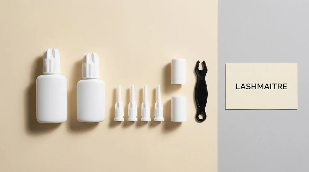 LASHMAITRE replacement lash glue nozzles beside coded adhesive bottle samples for fit inspection
